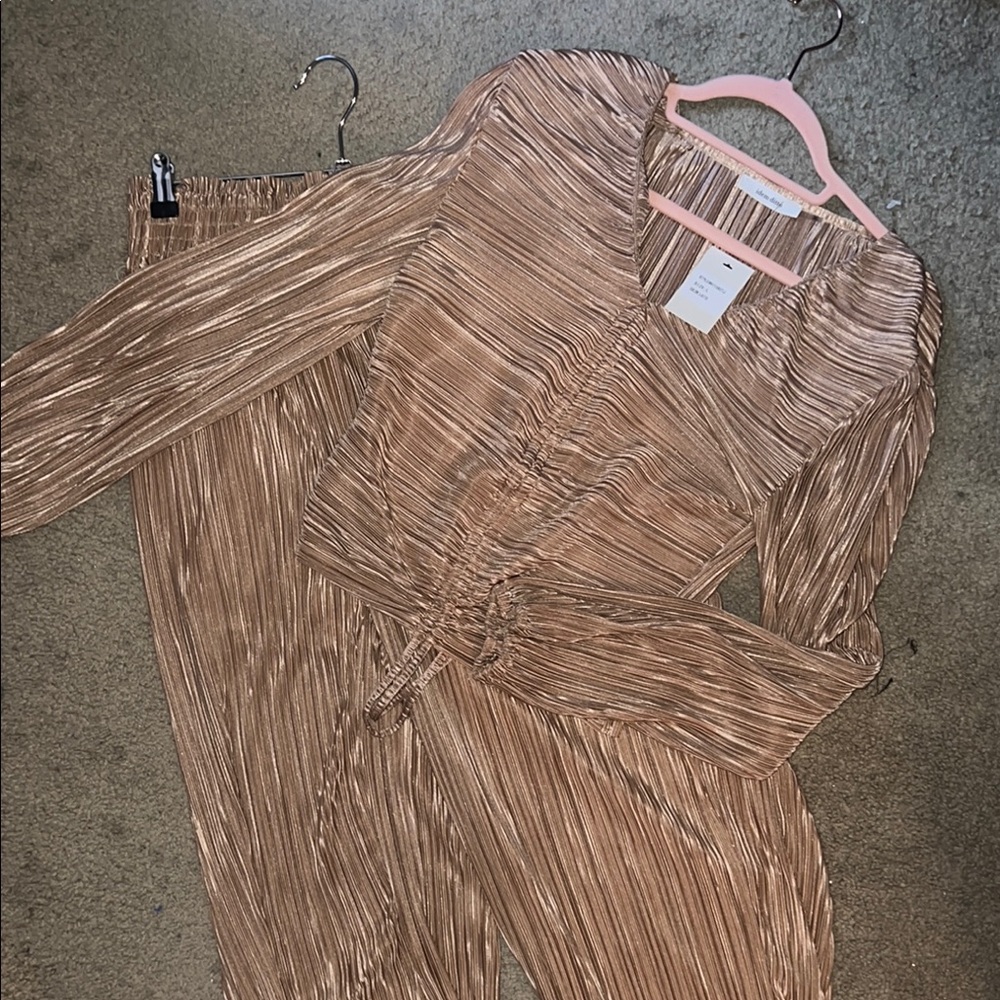 Chic Pleated Long Sleeve Top and Pant set
